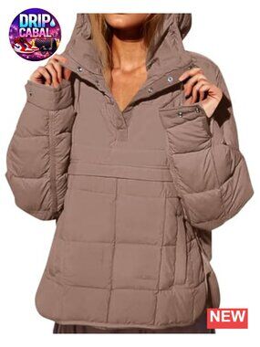 Oversized Quilted Puffer Jacket Hooded Pullover Warm Coat